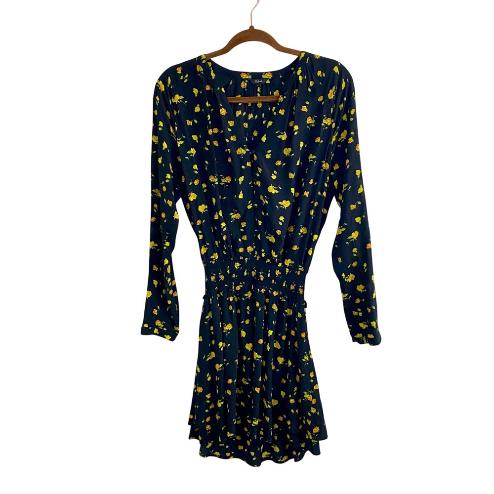Rails Jasmine Yellow Roses Dress Small S Black Smocked V-Neck Floral‎ Mini L/S